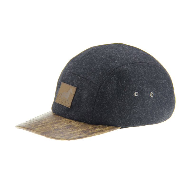 Bamboo PU Wolle Camping Baseball Cap 5 Panel Snapback Hut mit Leder geprägtes Logo