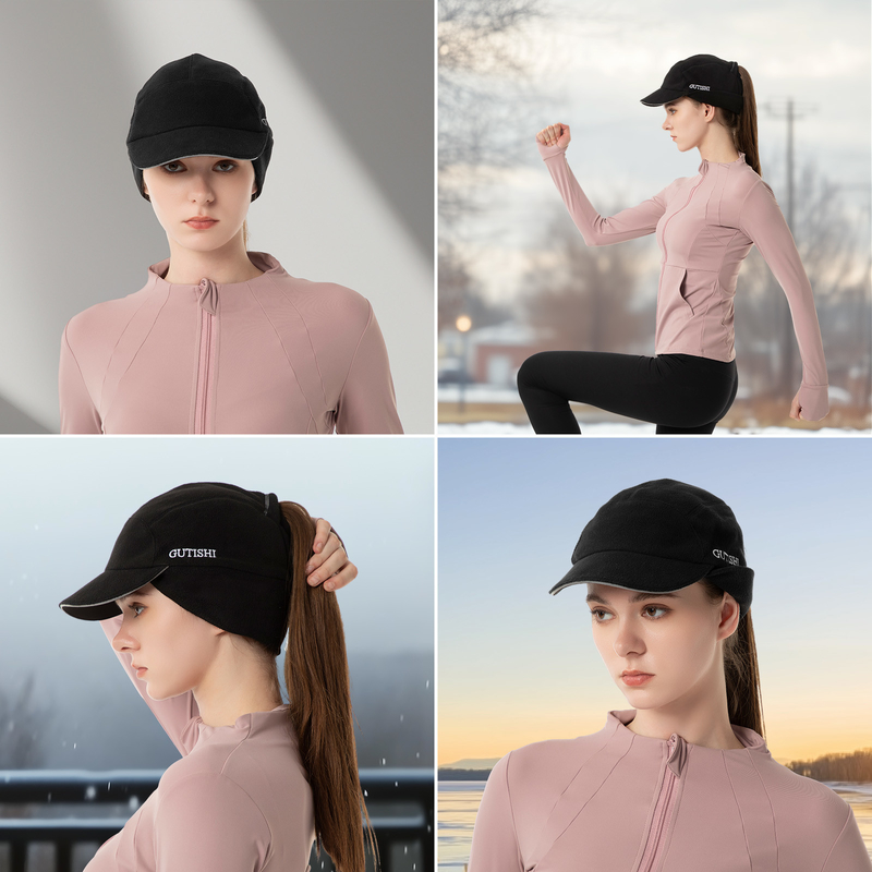 Fleece Ponytail Hut für Frauen Reflektierende Winterhut mit Drop Down Ohrwärmer